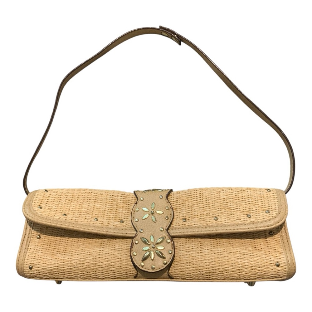 Isaac Mizerahi Tan Straw Clutch Purse Baguette Shoulder Bag Embellishments Studs